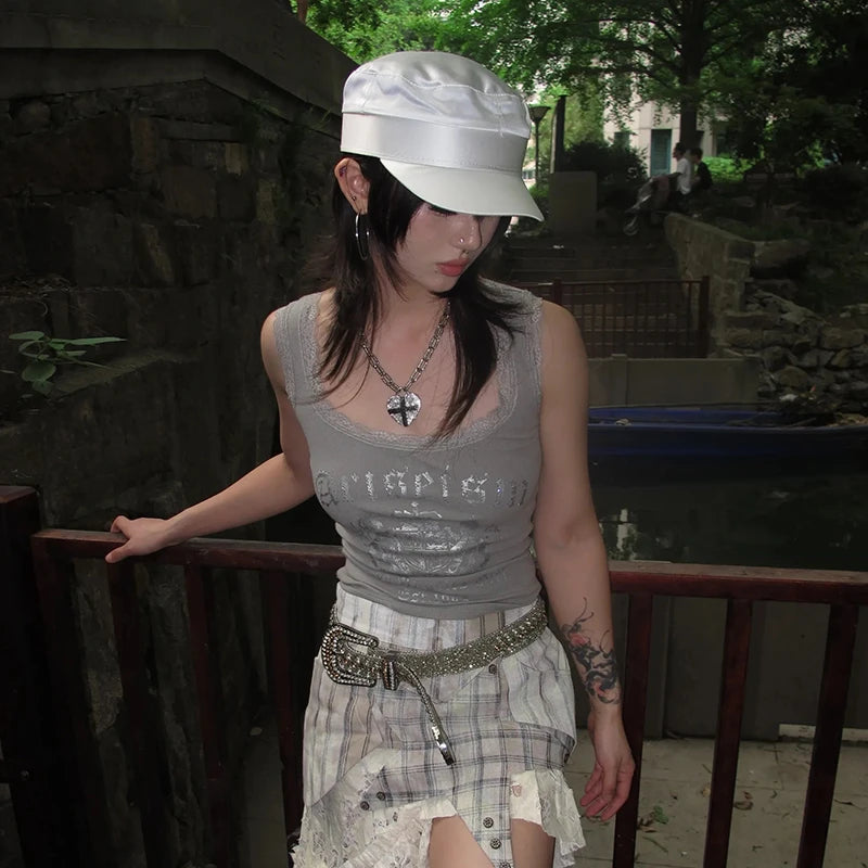 Japanese Y2k Lace Tank Top Trashy 2000s Style Letter Print Crop Top Vintage Harajuku Knitted Tanktop American Retro 90s