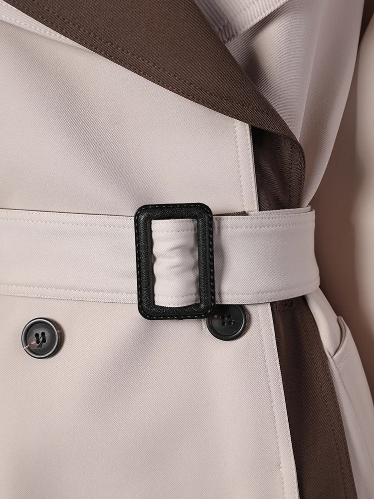 Women Beige Color-block Big Size Long Trench New Lapel Long Sleeve Windbreaker Fashion Tide Spring Autumn 2025 2DA7020