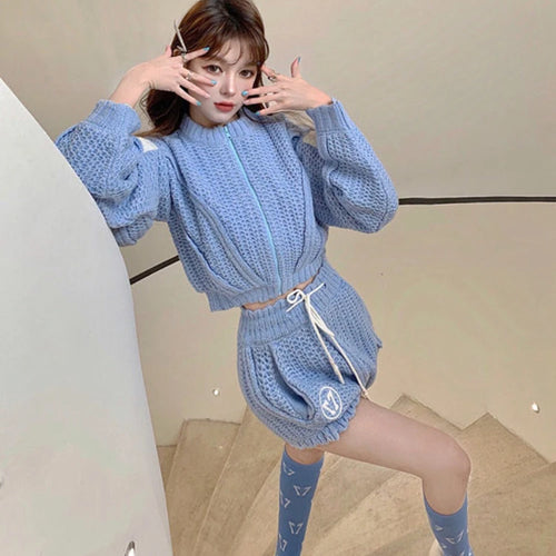 Load image into Gallery viewer, Y2k Two Pieces Sets Women Blue Knitted Cropped Cardigan +High Waist Shorts Korean Streetwear 2025 Spring Autumn Outfits
