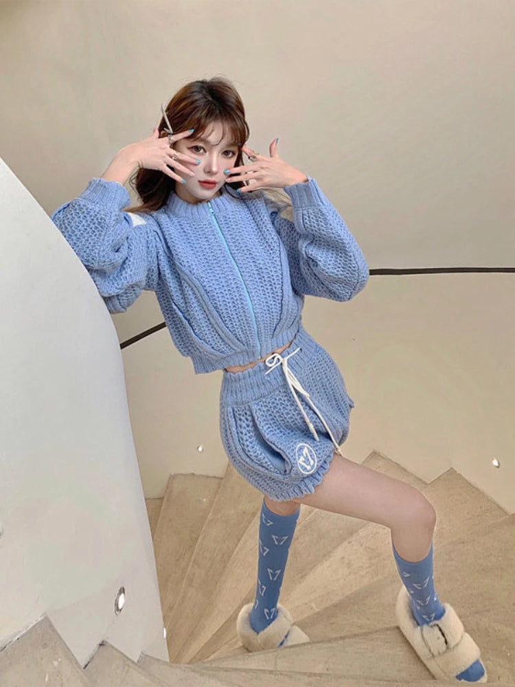 Y2k Two Pieces Sets Women Blue Knitted Cropped Cardigan +High Waist Shorts Korean Streetwear 2025 Spring Autumn Outfits