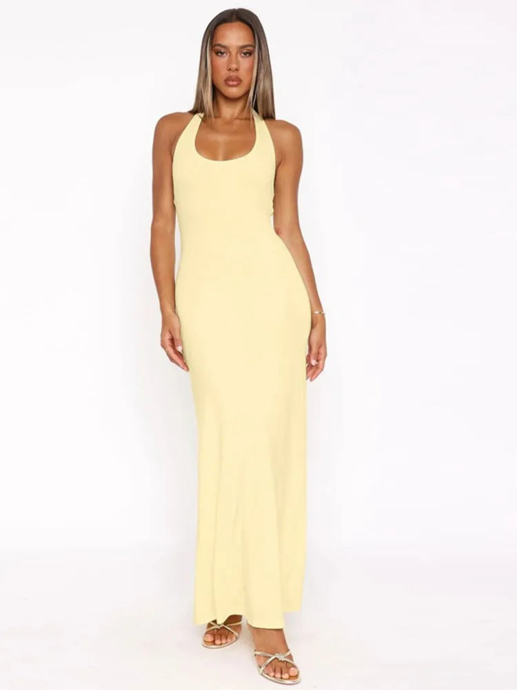 Halter Backless Sexy Maxi Dress Women Gown Summer New Solid U Neck Sleeveless High Waist Long Dress Elegant 2025