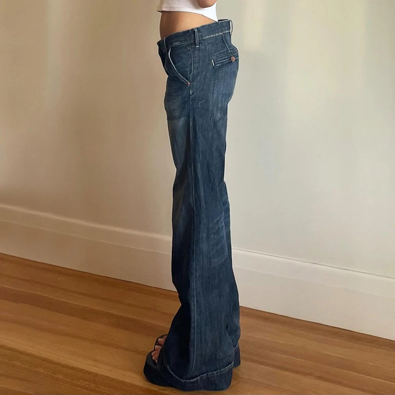 Fashion Washed Buttons Jeans For Women Loose Low Rise Basic Trousers Chic Style Pockets Straight Leg Denim Pants New