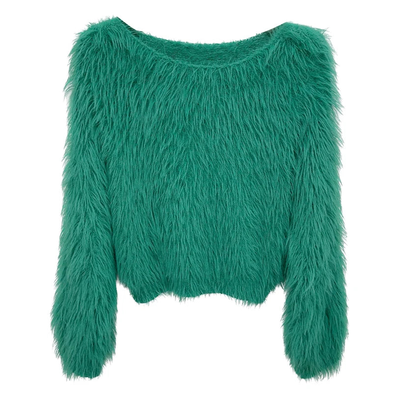 Autumn Winter Solid Knitting Mink Crop Top Women Long Sleeve Round Neck Pullover Casual Crochet Sweater French Fashion Thick New