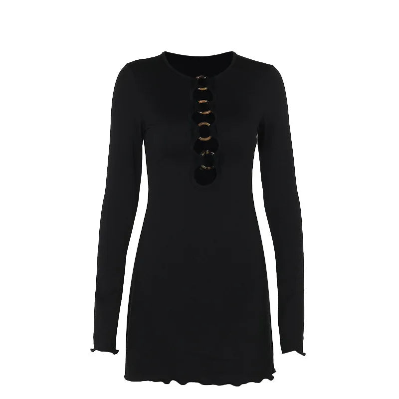 Hollow Out Long Sleeve Sexy Mini Dress For Women Robe Autumn New Black O Neck Club Party Sexy Dress Elegant Clubwear