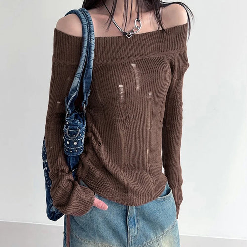 Load image into Gallery viewer, Korean Fashion Hole Ripped Sweater for Women Off Shoulder Knit Slim Grunge Autumn Pullover Top Drawstring Party Retro
