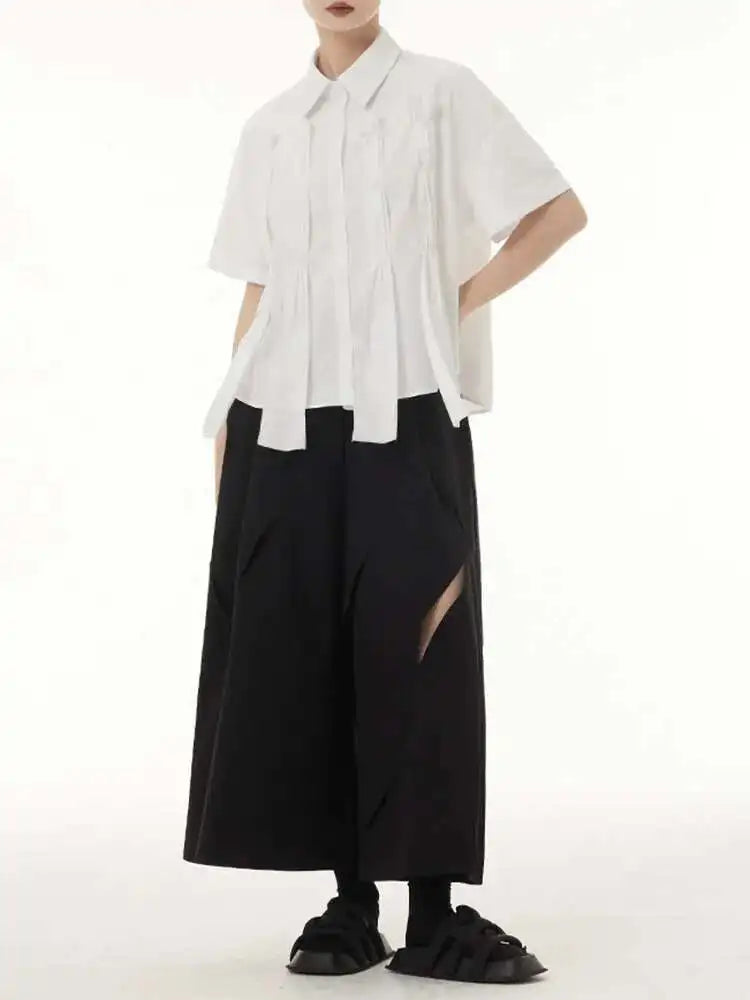 Women White Irregular Pleated Ribbons Big Size Blouse New Lapel Short Sleeve Shirt Fashion Tide Spring Summer 2025 1DH6566