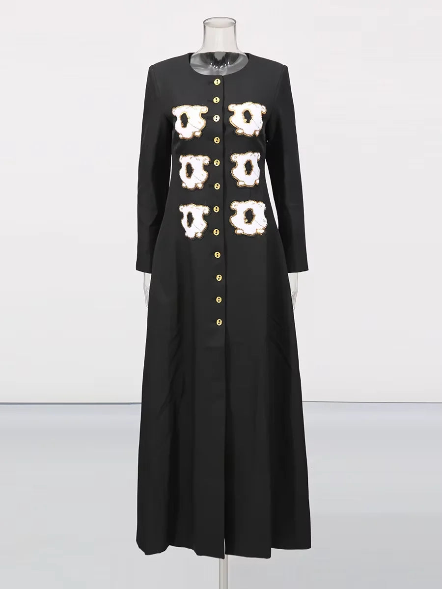 Personality Pattern Patchwork Long Coat Round Neck Long Sleeve Hit Color Elegnat Jacket Female Fashion