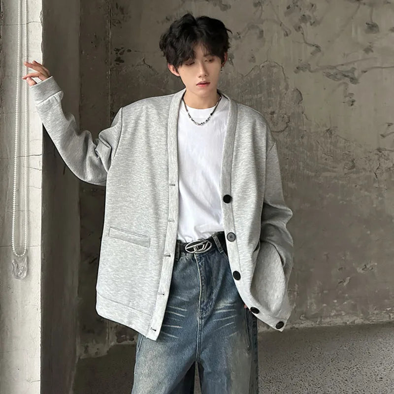 V-neck Men's Warm Top Single-breasted Pockets Solid Color Long Sleeve Korean Style Male Casual Jacket 2024 Autumn 9C9027