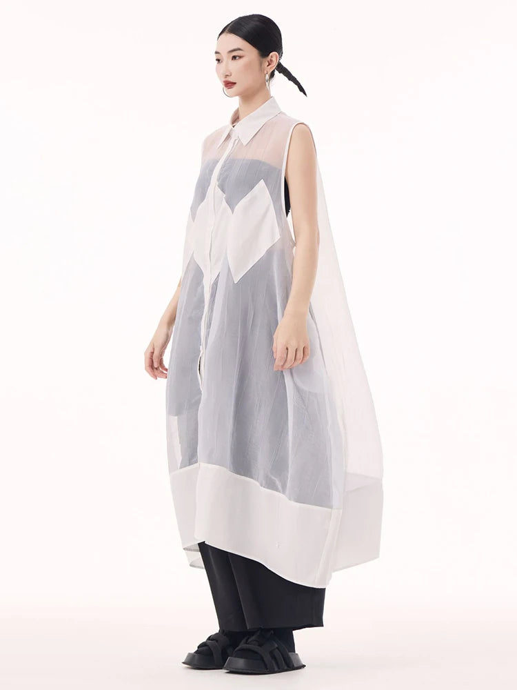 Women Black Mesh Perspective Big Size Long Shirt Dress New Lapel Sleeveless Fashion Tide Spring Summer 2025 1DH9517