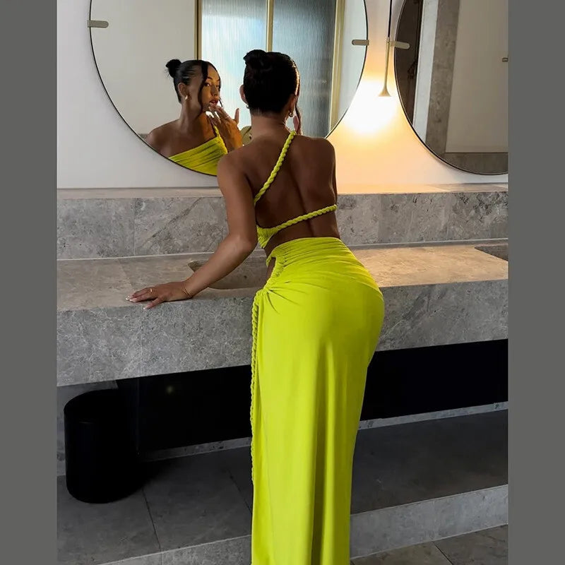 Green Sexy Two Piece Sets Women Oblique Shoulder Crop Tops And Maxi Skirt Female Thigh High Split Ruched Long Dress