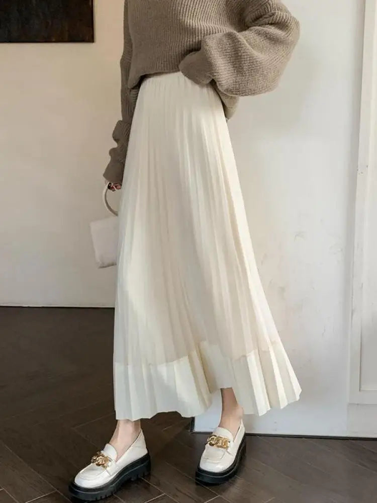 Autumn Winter New Black Beige Patchwork Mesh Elegant High Waist Long Skirt Women Brown Festival Pleated Skirt Simplicity Popular