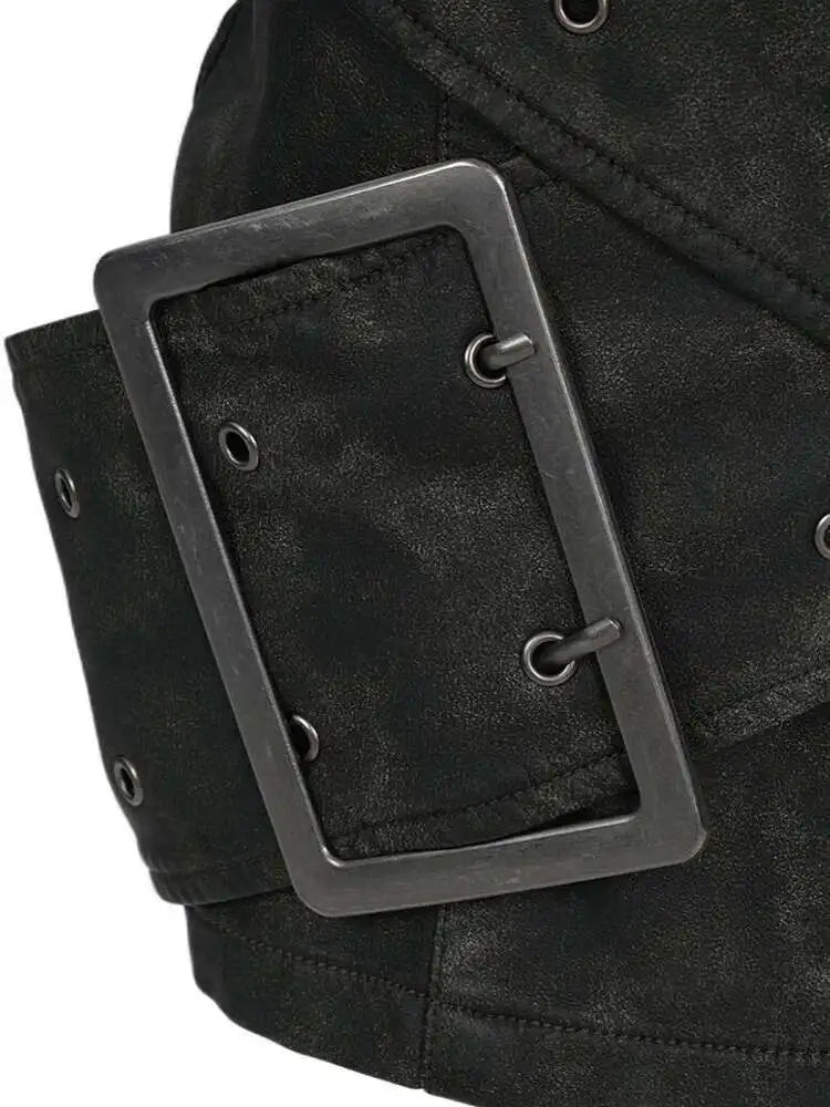 High Waist Green Big Buckle Cross Pu Leather Vintage Mini Half-body Skirt Women Fashion Tide New Spring Autumn 2025 7AB874