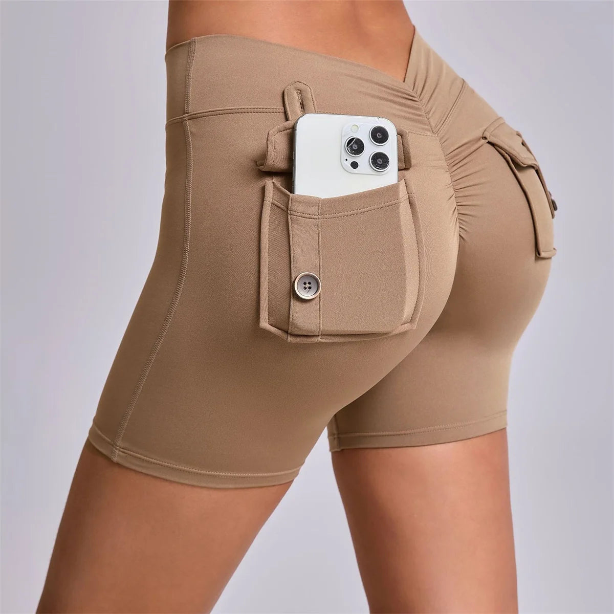 Deep V Back Yoga Shorts Women Pocket Scrunched Butt Gym Leggings High Waist Push Up Tights Sexy Booty Sports Shorts Fitness