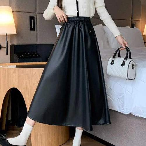 Load image into Gallery viewer, Autumn Winter French Vintage Brown Temperament Pu Leather Skirts For Woman Black Slim Elegant High Waisted Pleated Skirt Fashion
