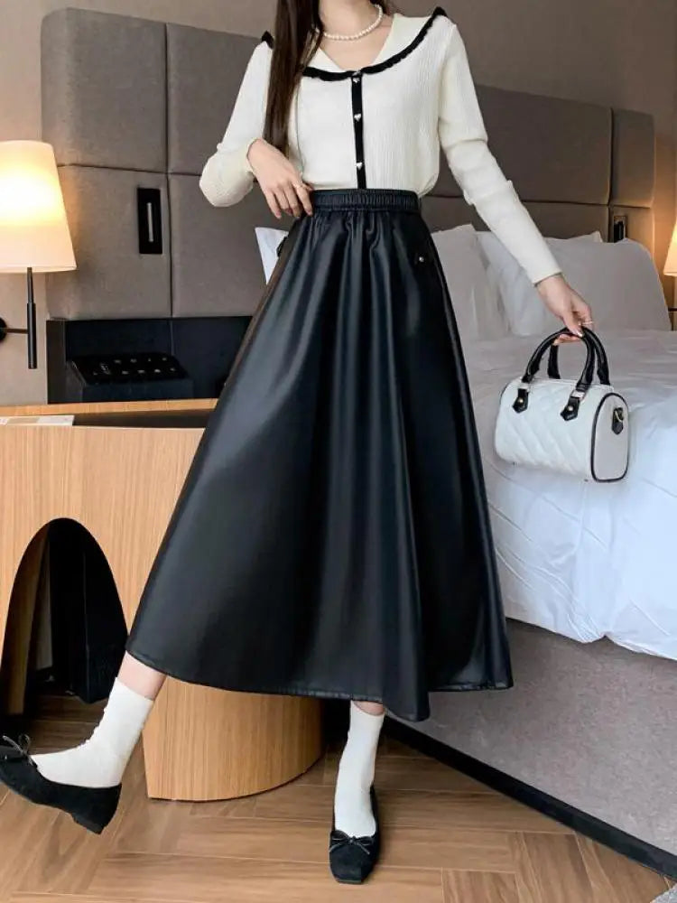 Autumn Winter French Vintage Brown Temperament Pu Leather Skirts For Woman Black Slim Elegant High Waisted Pleated Skirt Fashion