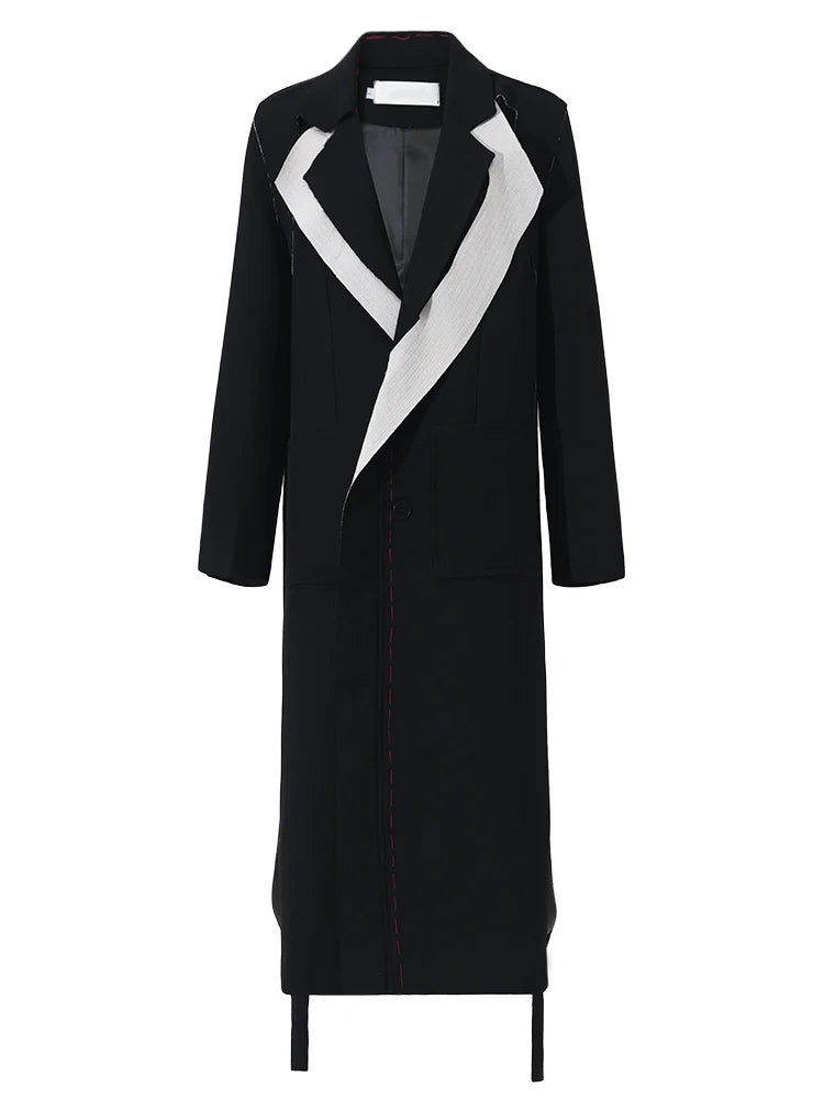 Women Black Contrast Color Burr Blazer New Lapel Long Sleeve Loose Fit  Jacket Fashion Tide Spring Autumn 2025 1W519