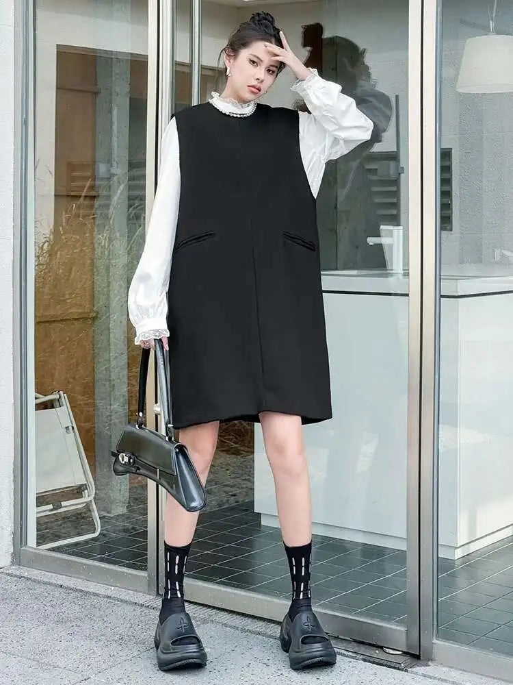 Women Black Brief Elegant Zipper Big Size Mini Dress New Round Neck Sleeveless Fashion Tide Spring Autumn 2025 1DH9820