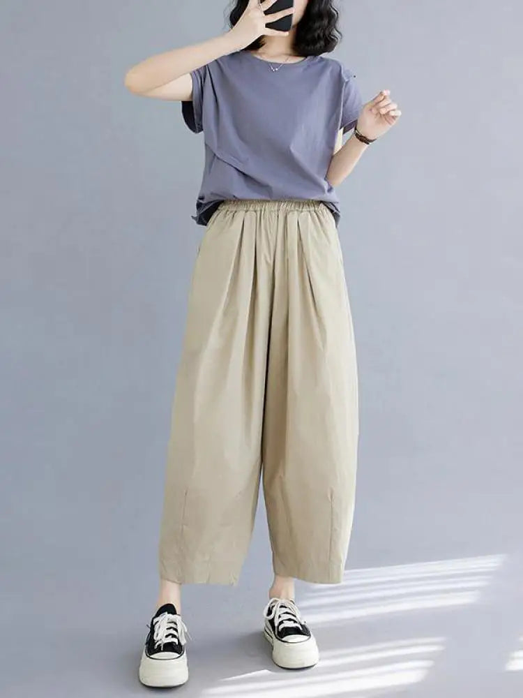 Korean Version Women Summer Black Beige Casual Loose Elastic High Waist Cotton Pocket Ankle-length Harem Pant Brown Oversized