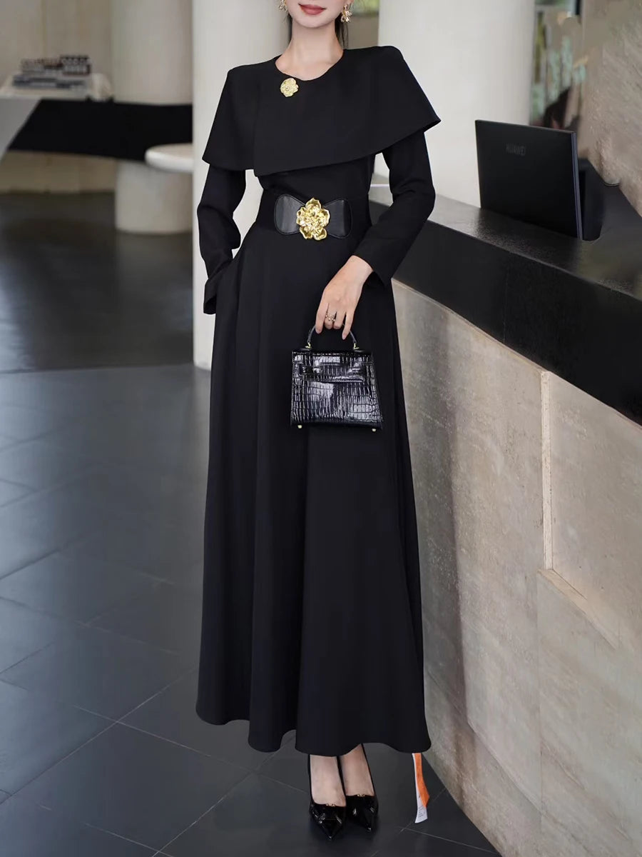 Solid Slimming Spliced Belt Temperament Dresses for Women Round Neck Long Sleeves Dress Female Fashion Clothing New