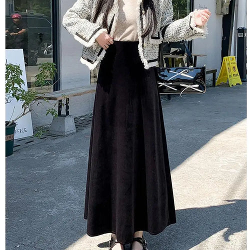 Load image into Gallery viewer, Korean Style Women Red Elegant Vacation Pleated Long Skirt 2024 Autumn Winter New Black High Waist Party Velvet Skirt Thick Chic
