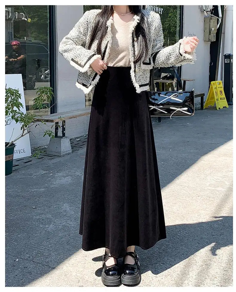 Korean Style Women Red Elegant Vacation Pleated Long Skirt 2024 Autumn Winter New Black High Waist Party Velvet Skirt Thick Chic