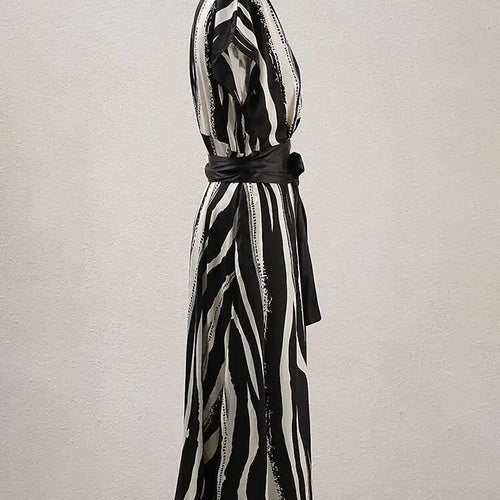 Load image into Gallery viewer, Women Beige Striped Printed Belted Elegant Midi Dress New V-Neck Sleeveless Fashion Tide Spring Summer 2025 CPG1504
