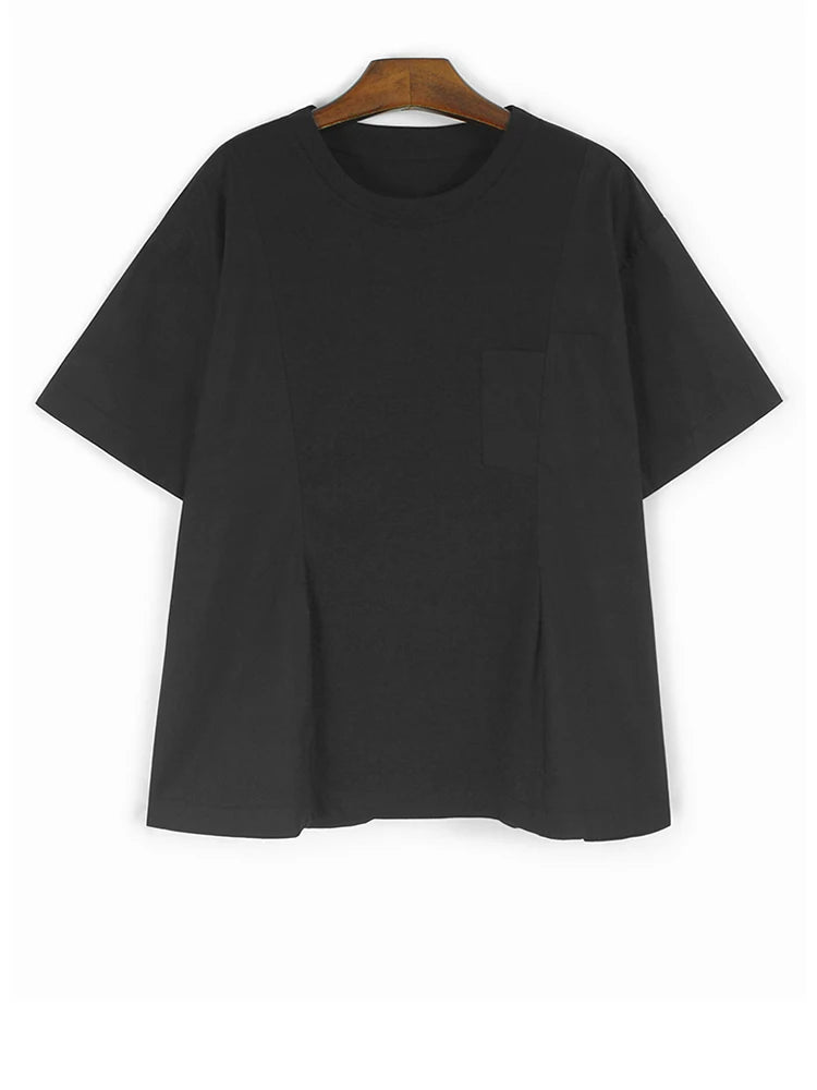 Women Gray Irregular Pocket Spliced Big Size T-shirt New Round Neck Short Sleeve Fashion Tide Spring Summer 2025  1DJ0923