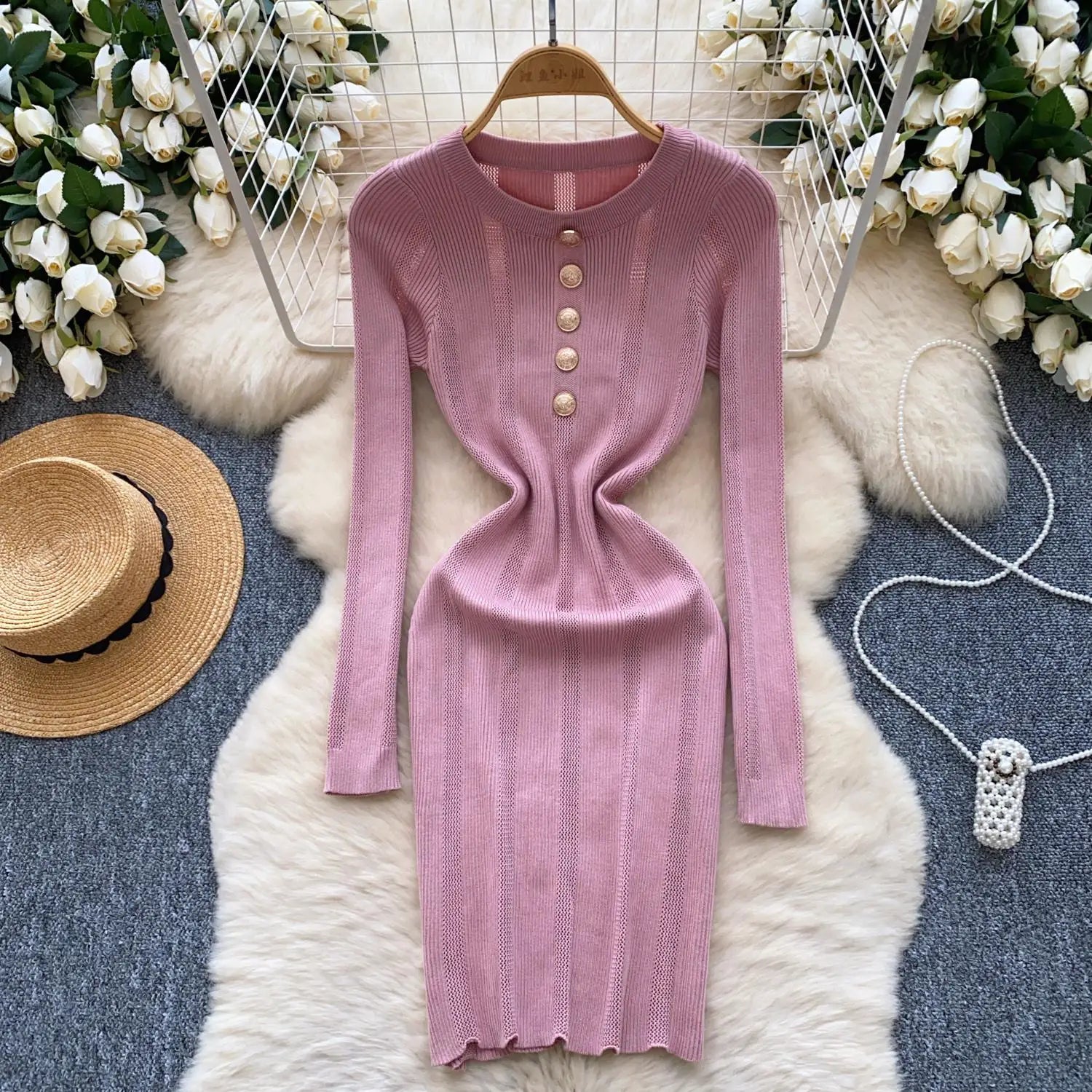Retro 2024 Autumn Winter New Solid Long Sleeves Mini Dress Women's Elegant Office Lady Button Short Knit Dress Popular Clothing