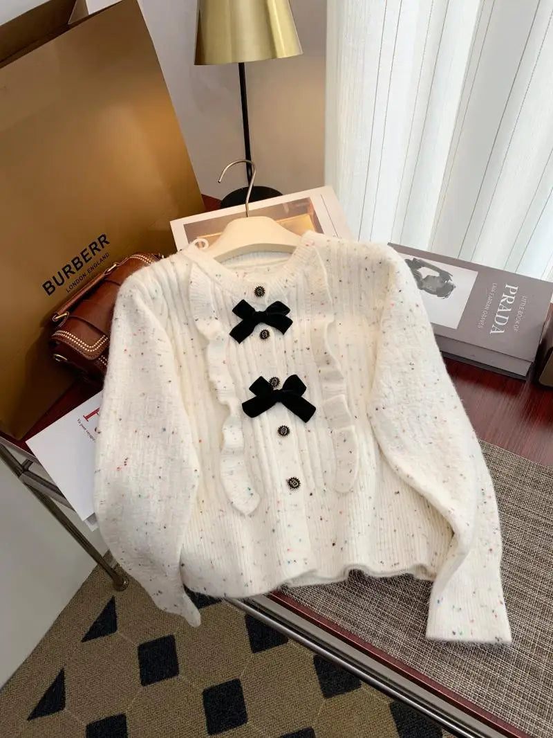 Korean Simple White V-neck Single-breasted Knitted Sweater 2024 Women Pink Sweet Ruffles Bow Cardigan Tops Vintage Autumn Winter