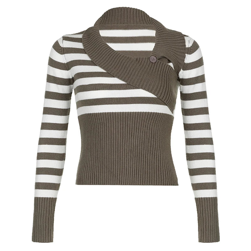 Vintage Asymmetrical Skinny Women Sweater Stripe Chic Korean