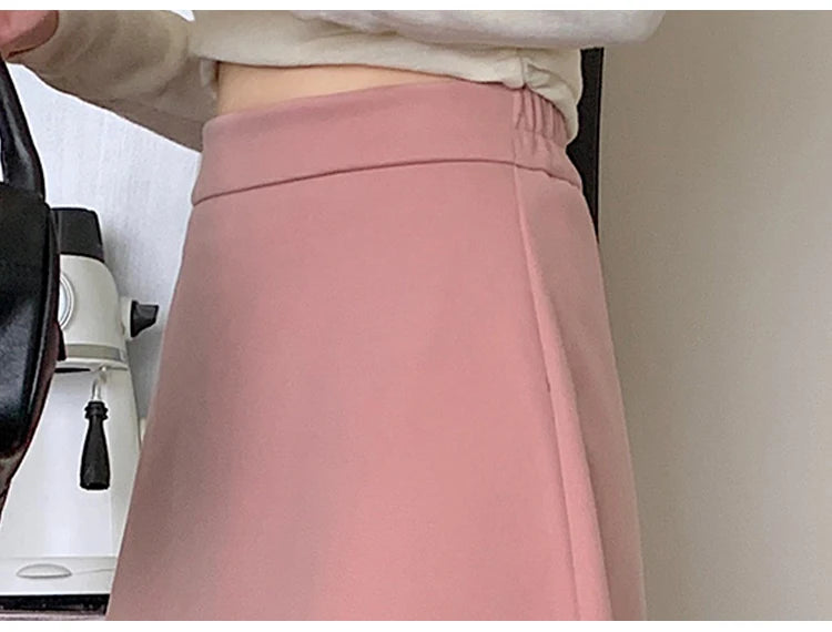 Autumn Winter Solid Large Size Woolen Long Skirt Women Fashion Korean Ladies High Waist Festival Pleated A-line Skirt Simplicity