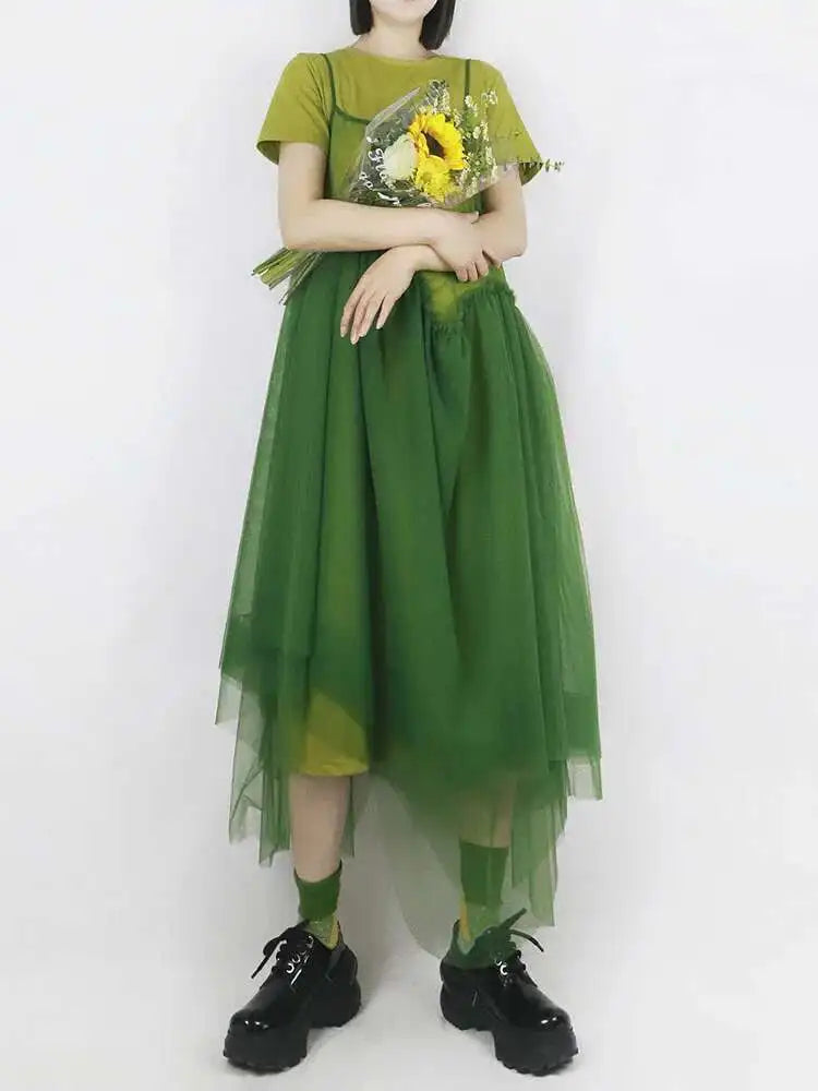 Women Green Mesh Layers Elegant Spaghetti Strap Dress New Square Collar Sleeveless Fashion Tide Spring Autumn 2025 1DJ0363