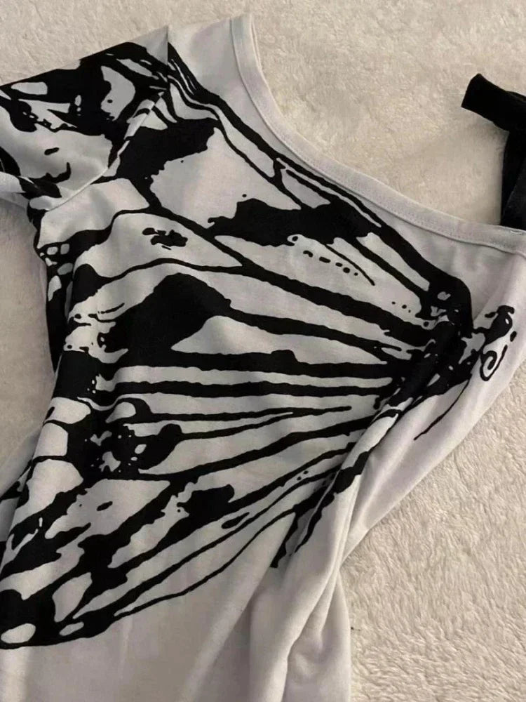 2025 Summer Sexy One Off Shoulder Y2k Aesthetic T-Shirts Streetwear Vintage Gray Printing Slim Tshirts Harajuku Bottoming Tops