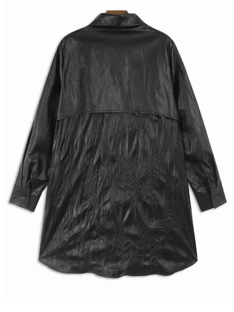 Women Black Pu Leather Pleated Big Size Mini Shirt Dress New Lapel Long Sleeve Fashion Tide Spring Autumn 2025 1DH7337