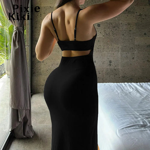 Load image into Gallery viewer, Sexy Summer Spaghetti Strap Bodycon Dress Green Black Cut Out Backless Split Midi Dresses for Women Clothes P77-BG15
