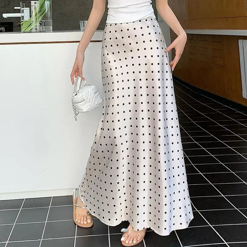 Spring Summer Vintage Black Beige Polka Dot Fishtail Long Skirts Women High Waist Slim Vacation Wrapped Hip Skirt Korean Fashion