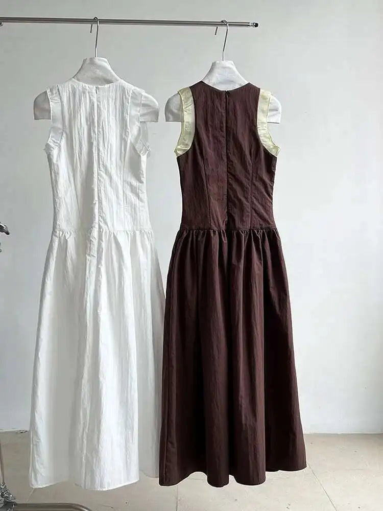 Women Coffee Color-block Elegant Long Vest Dress New Round Neck Sleeveless Fashion Tide Spring Summer 2025 1DJ0743