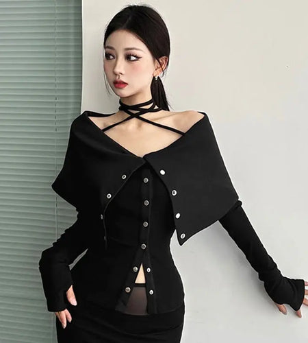 Black Woman Tshirts Off Shoulder Long Sleeve Tunic Tees Fashion Korean Camisetas Y2k Tops Bandage Sexy Y2k T Shirt Ropa Mujer