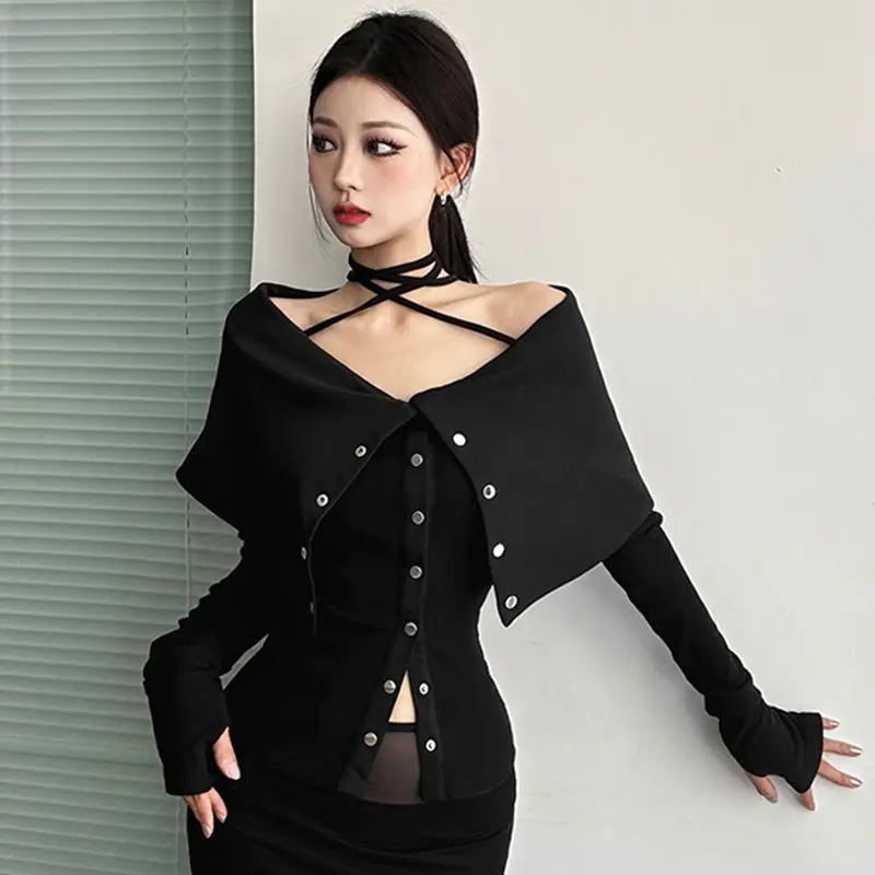 Black Woman Tshirts Off Shoulder Long Sleeve Tunic Tees Fashion Korean Camisetas Y2k Tops Bandage Sexy Y2k T Shirt Ropa Mujer