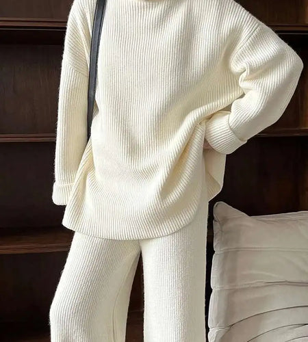 Red Big Size Sweater Wide Leg Pants Two Piece Suit New Turtleneck Long Sleeve Women Fashion Spring Autumn 2025 1DH8626