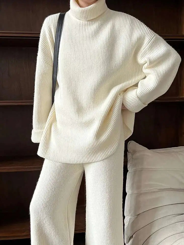 Red Big Size Sweater Wide Leg Pants Two Piece Suit New Turtleneck Long Sleeve Women Fashion Spring Autumn 2025 1DH8626