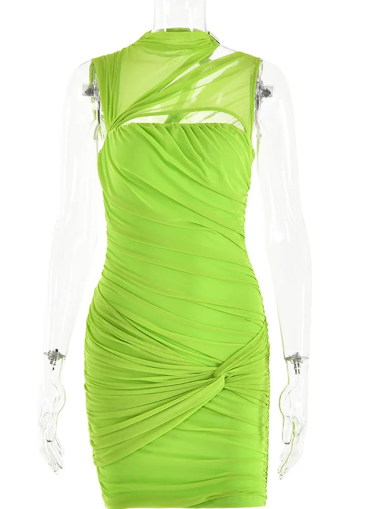 Sexy Mesh Hollow Out Double Layer Skinny Women Dress Irregular Sleeveless Bodycon Female Mini Dress Party Club 2023 New