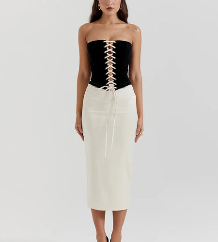 Elegant Sexy Skirt Two Piece Set Women Strapless Bandage Crop Top And Maxi Skirt Female Fashion Club Party Sexy Sets