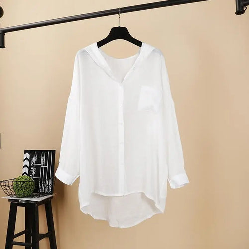 Load image into Gallery viewer, Women's Shirt Casual Cotton Hemp 2022 Summer Loose Long Sleeve Blouses Thin Leisure Hooded Sunscreen Clothes Top Female
