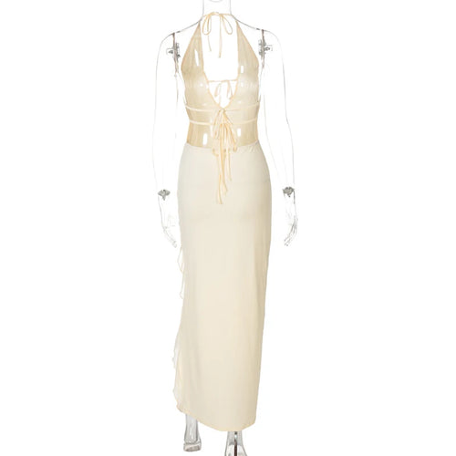 Load image into Gallery viewer, Ruffle Sexy V-neck Backless Sleeveless Lace-up Thigh Split Patchwork Maxi Dress For Women Slim Party Evening  Dress
