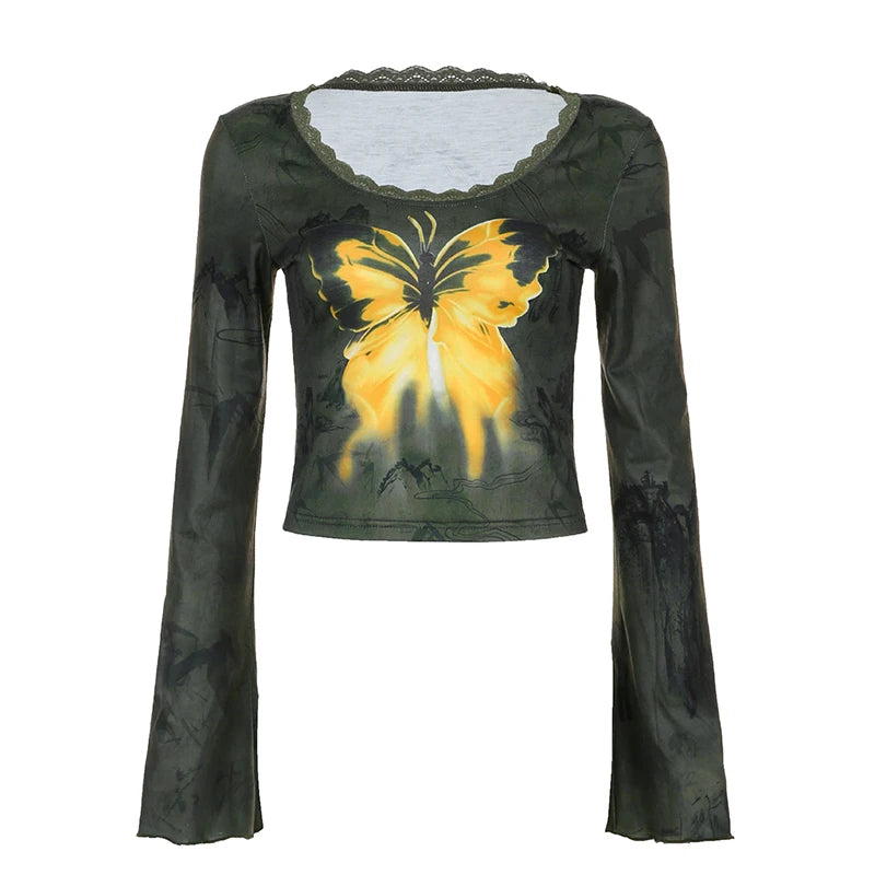 Grunge Butterfly Printed Fitness Flare Sleeve Crop Top Autumn Tee Pullover Frill Lace Trim Vintage Tshirt Y2K Outfits