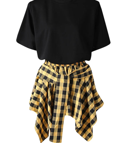 Black T-shirt Plaid Bandage Skirt Two Pieces Suit New Round Neck Short Sleeve Women Fashion Spring Summer 2025 CPG3159