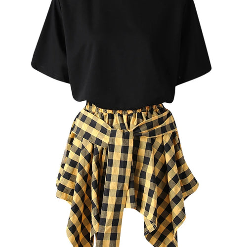 Load image into Gallery viewer, Black T-shirt Plaid Bandage Skirt Two Pieces Suit New Round Neck Short Sleeve Women Fashion Spring Summer 2025 CPG3159
