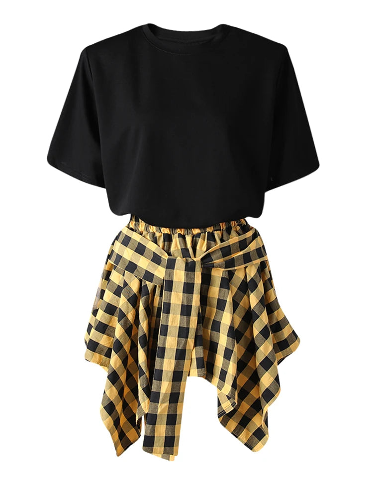 Black T-shirt Plaid Bandage Skirt Two Pieces Suit New Round Neck Short Sleeve Women Fashion Spring Summer 2025 CPG3159
