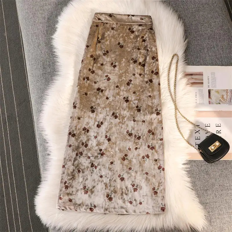 Women's Spring Autumn New Print Gold Velvet Slim Split Package Hip Skirts Ladies High Waist A-line Pleated Skirt Vintage French